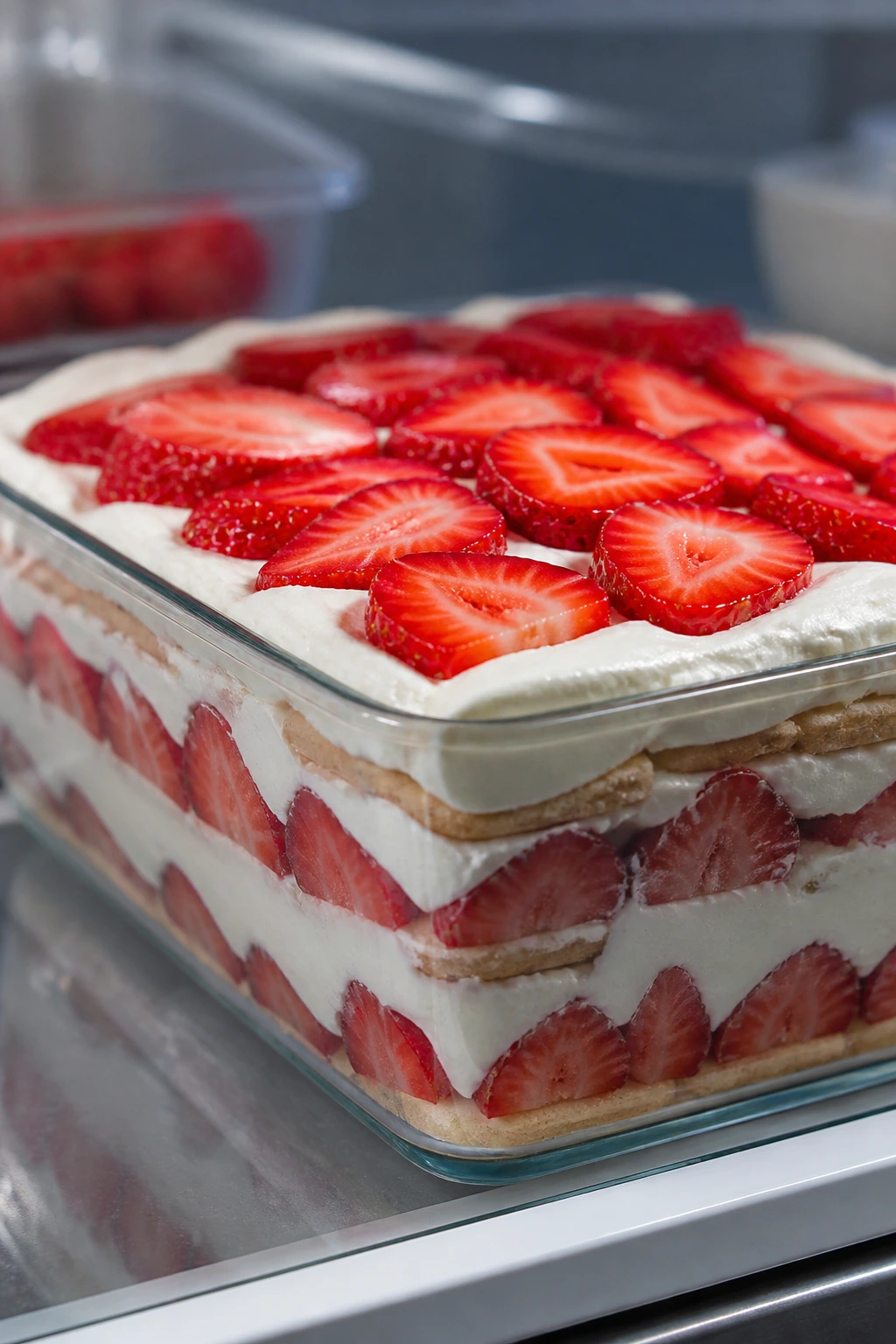 No-bake strawberry icebox cake with visible layers in a glass dish