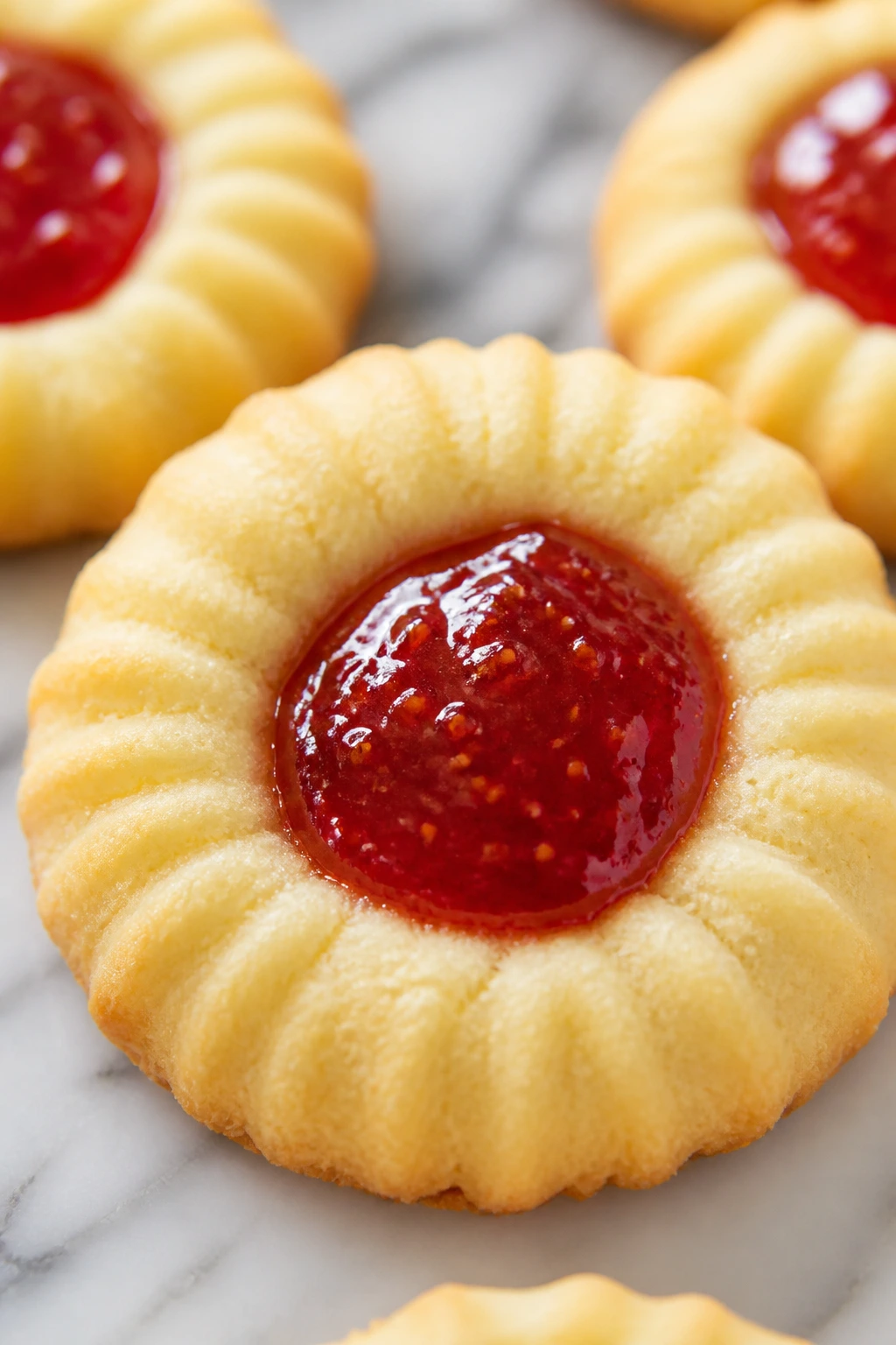 Close-up of a pale butter cookie with strawberry jam center on marble