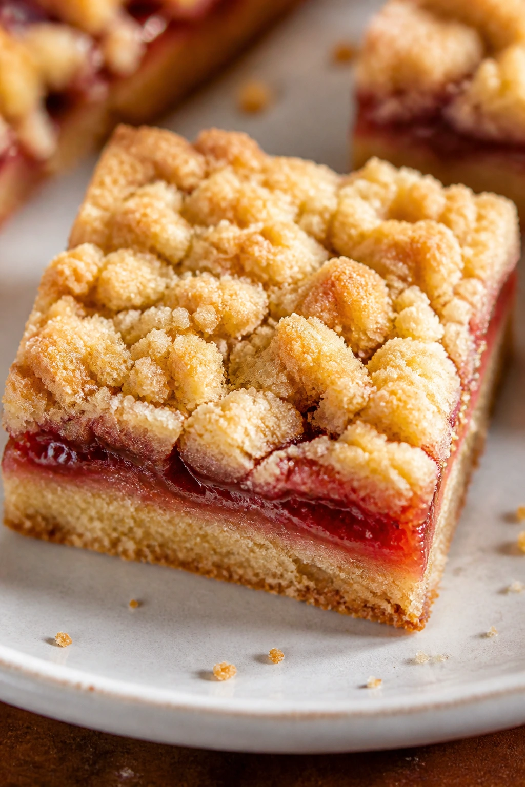 Close-up of strawberry jam crumb bar square with crumb topping