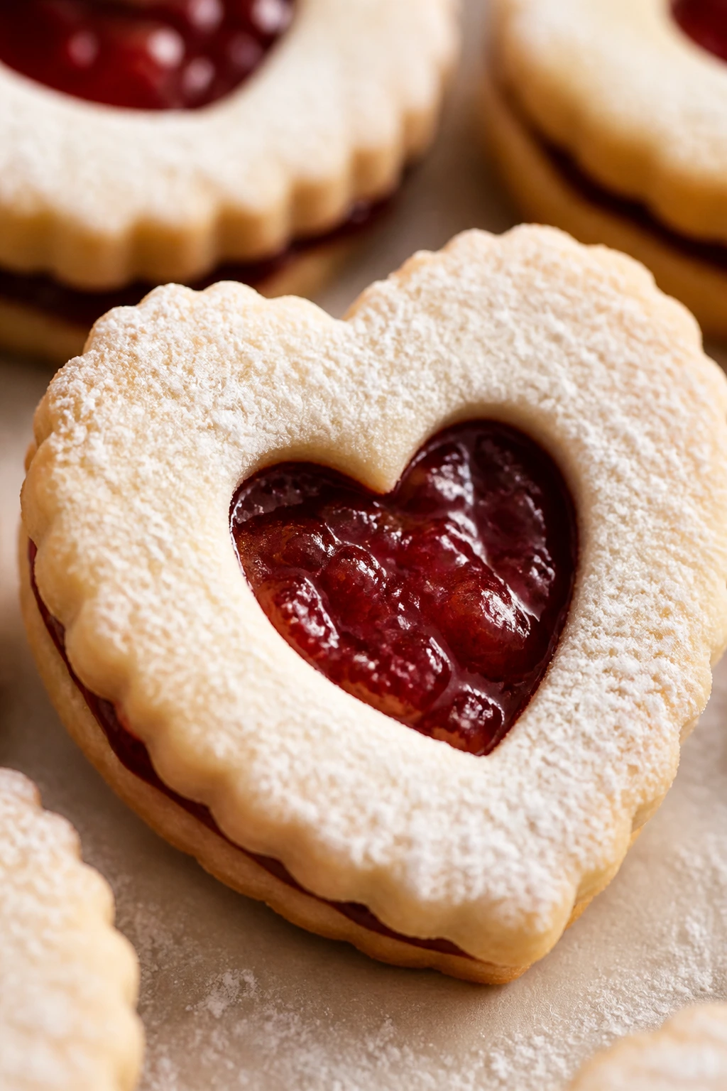 Close-up of a strawberry jam Linzer cookie with a jam window