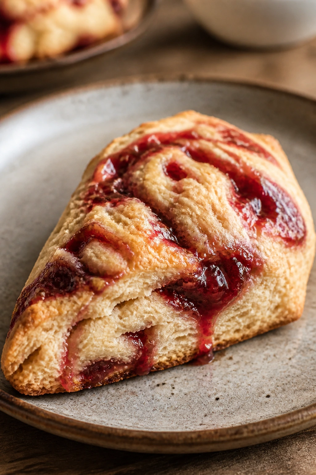 Close-up of a warm strawberry jam scone with jam on top