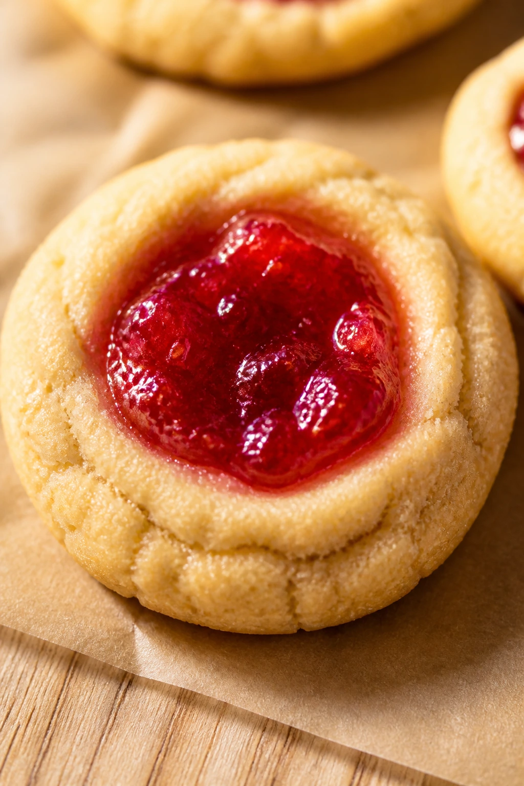 Close-up of a thumbprint cookie with a glossy strawberry jam center.