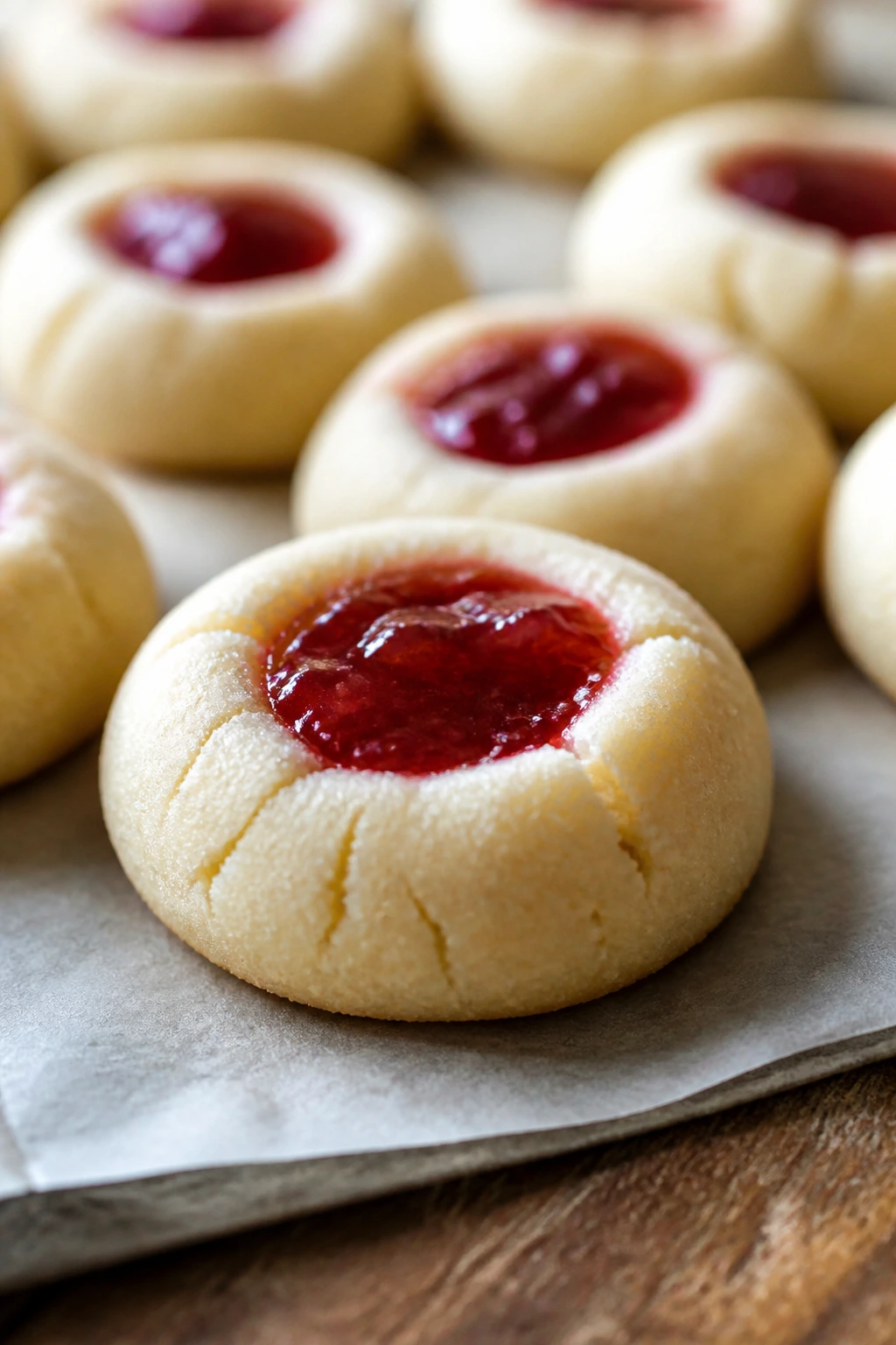Close-up of strawberry jam thumbprint cookies on parchment in a sunlit kitchen