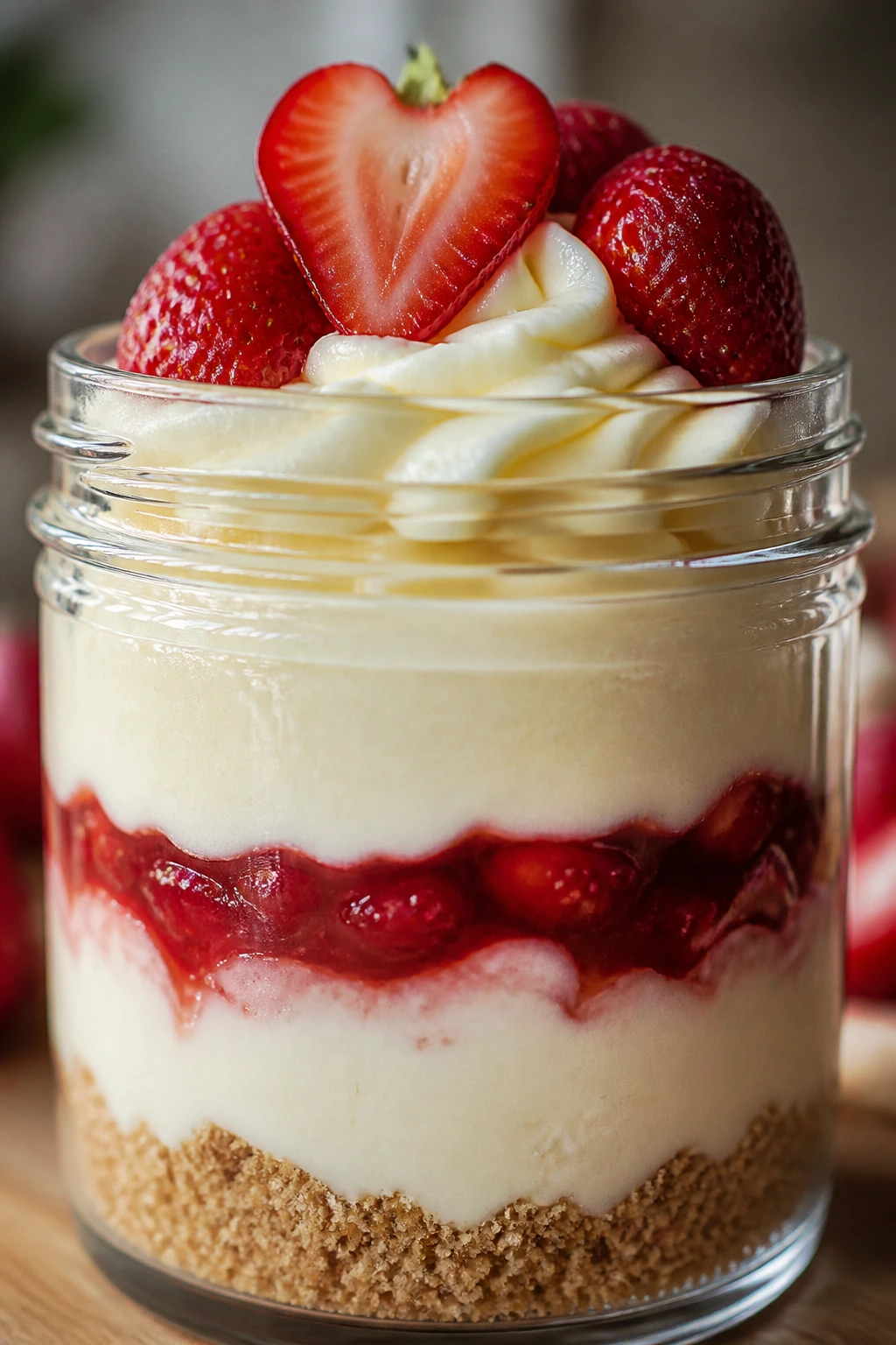 Cheesecake jar with strawberry jam layer between filling and frosting