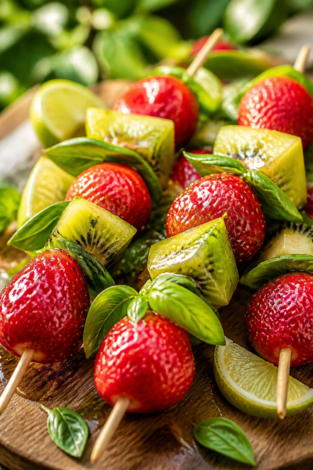 Close-up strawberry kiwi basil kebabs with lime-honey glaze