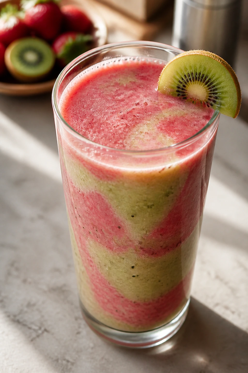 Close-up of Strawberry Kiwi Coconut Smoothie in glass with kiwi garnish
