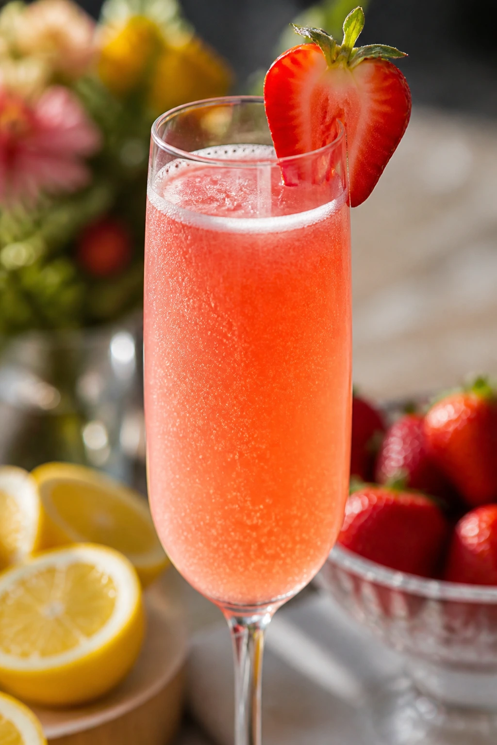 Strawberry Lemon Fizz in a flute with strawberry garnish