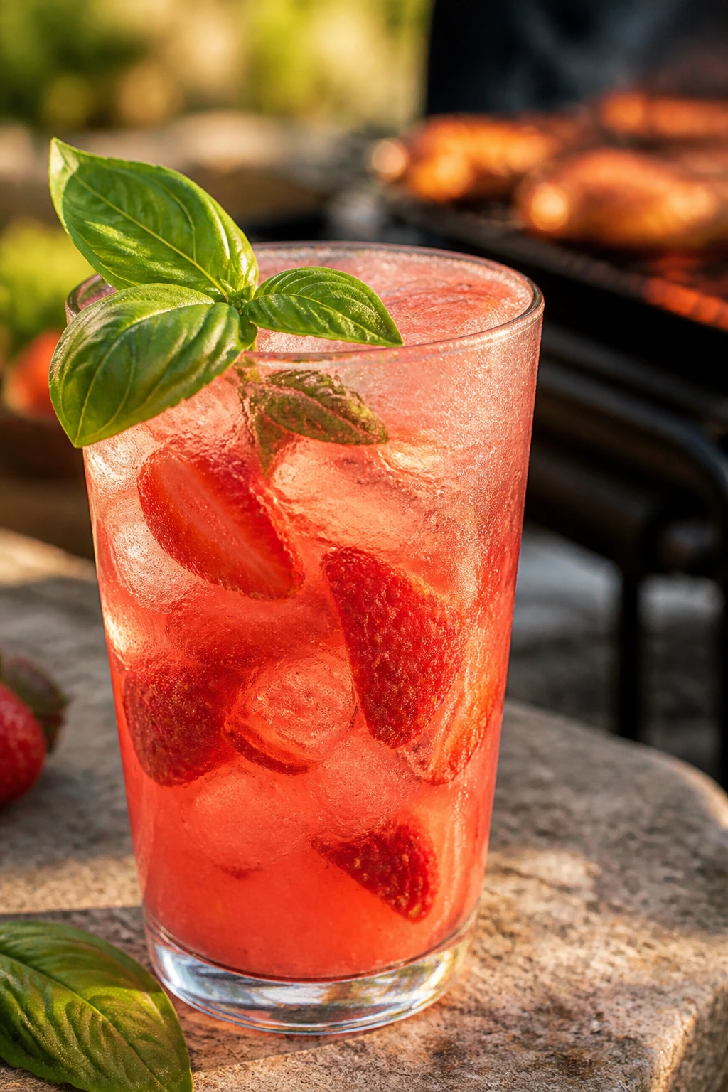 Glass of Strawberry Basil Lemonade with strawberry pieces and basil on a sunny outdoor table