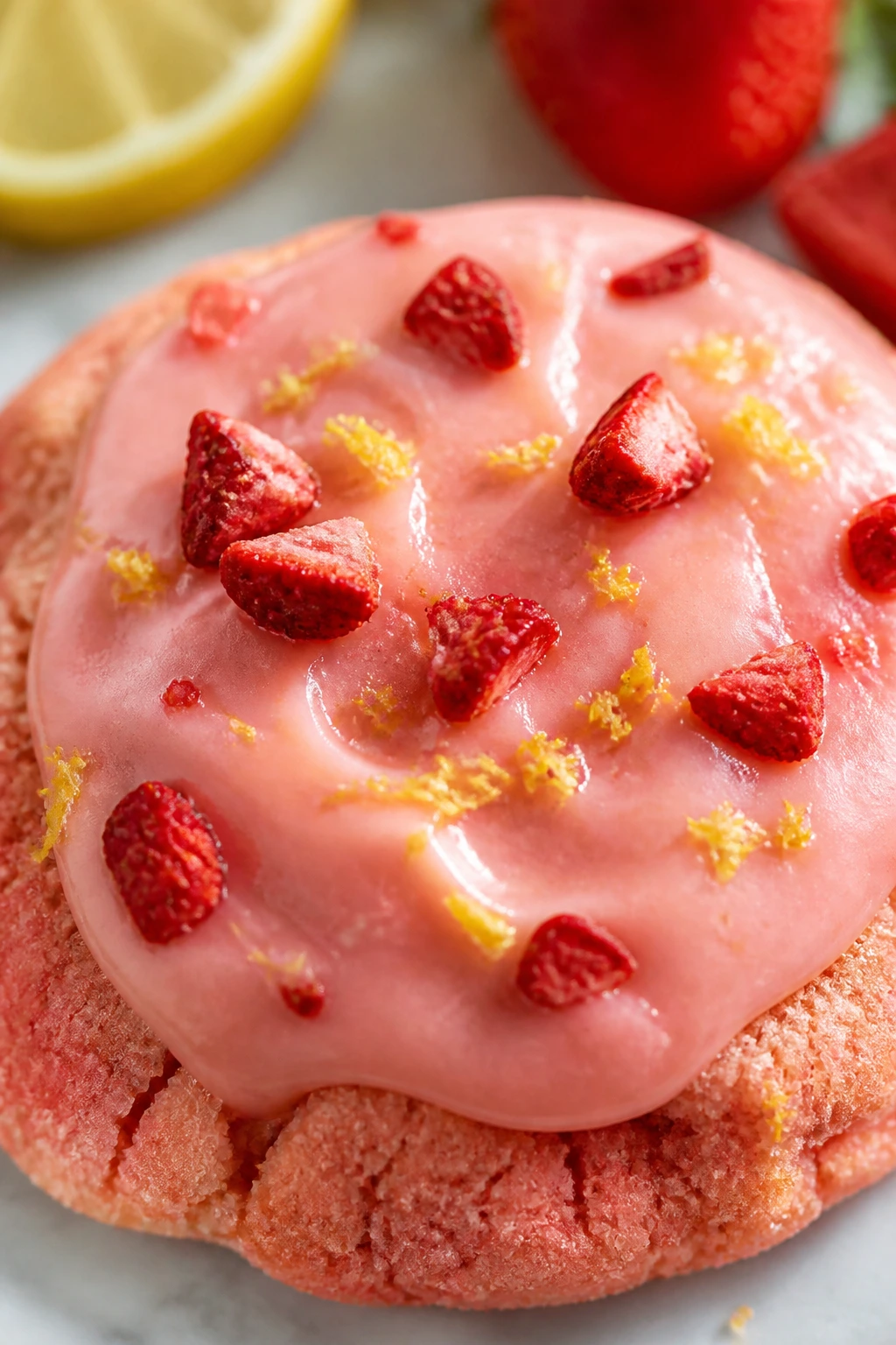 Close-up of pink glazed Strawberry Lemonade Cookie with strawberry bits and lemon zest