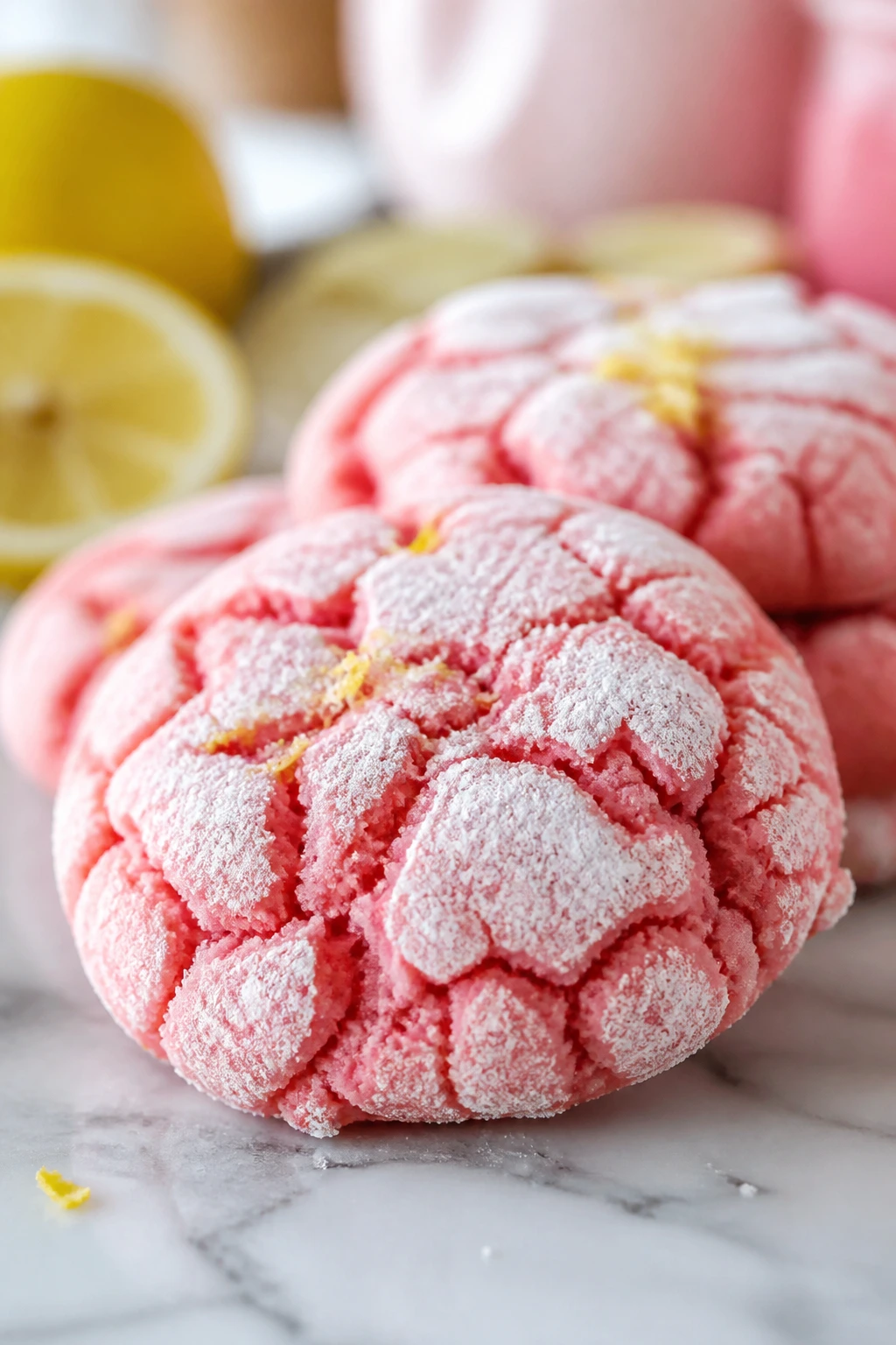 Pink crinkle cookie with powdered sugar on marble countertop