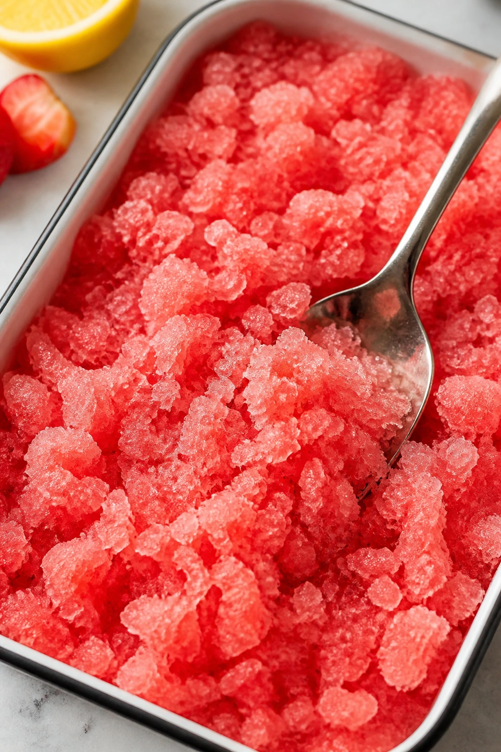Pink strawberry lemonade granita with flaky crystals in a shallow dish.