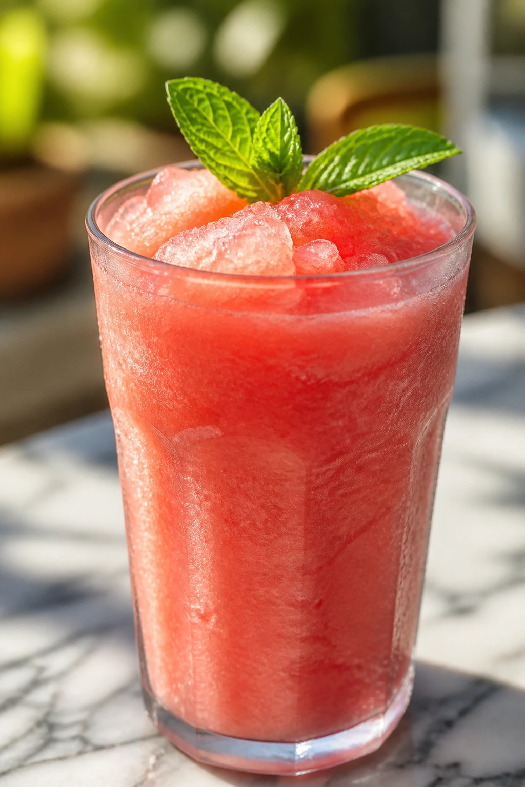 Glass of pink strawberry lemonade slush with ice in a sunlit setting