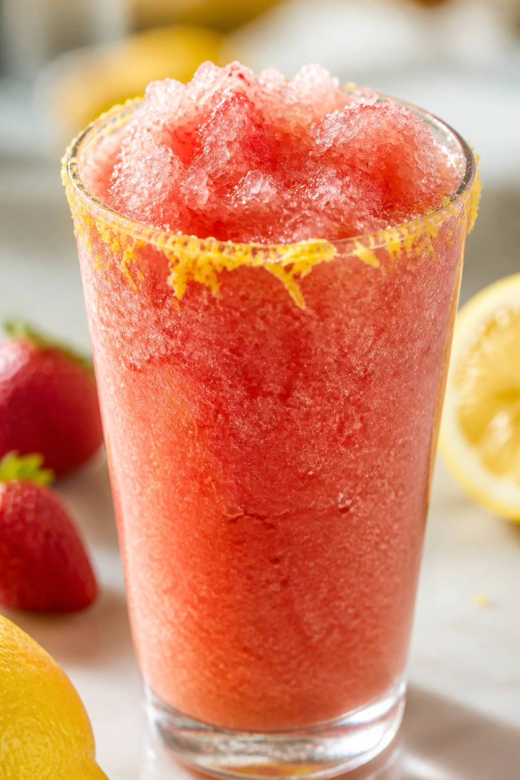 Close-up of Strawberry Lemonade Slush Smoothie in a glass with ice
