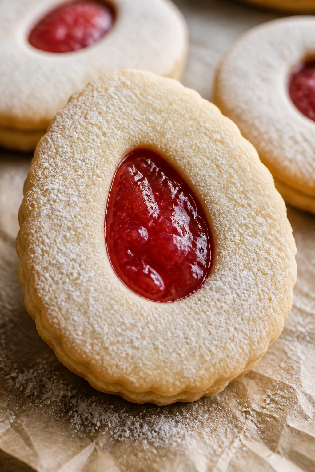 Close-up of strawberry Linzer Easter Egg cookie with jam window