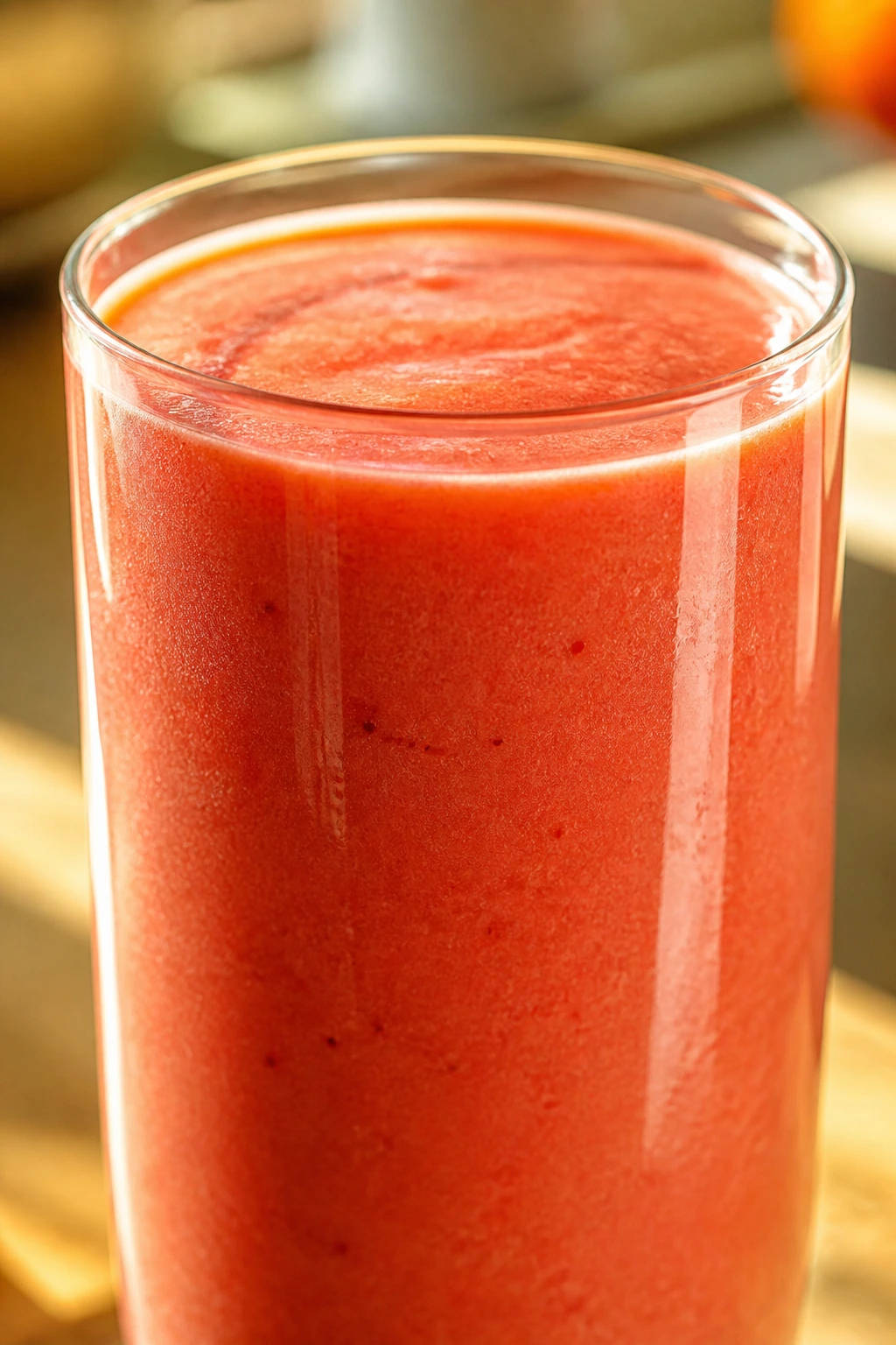 Close-up of Strawberry Mango Guava Smoothie in a glass with tropical glow