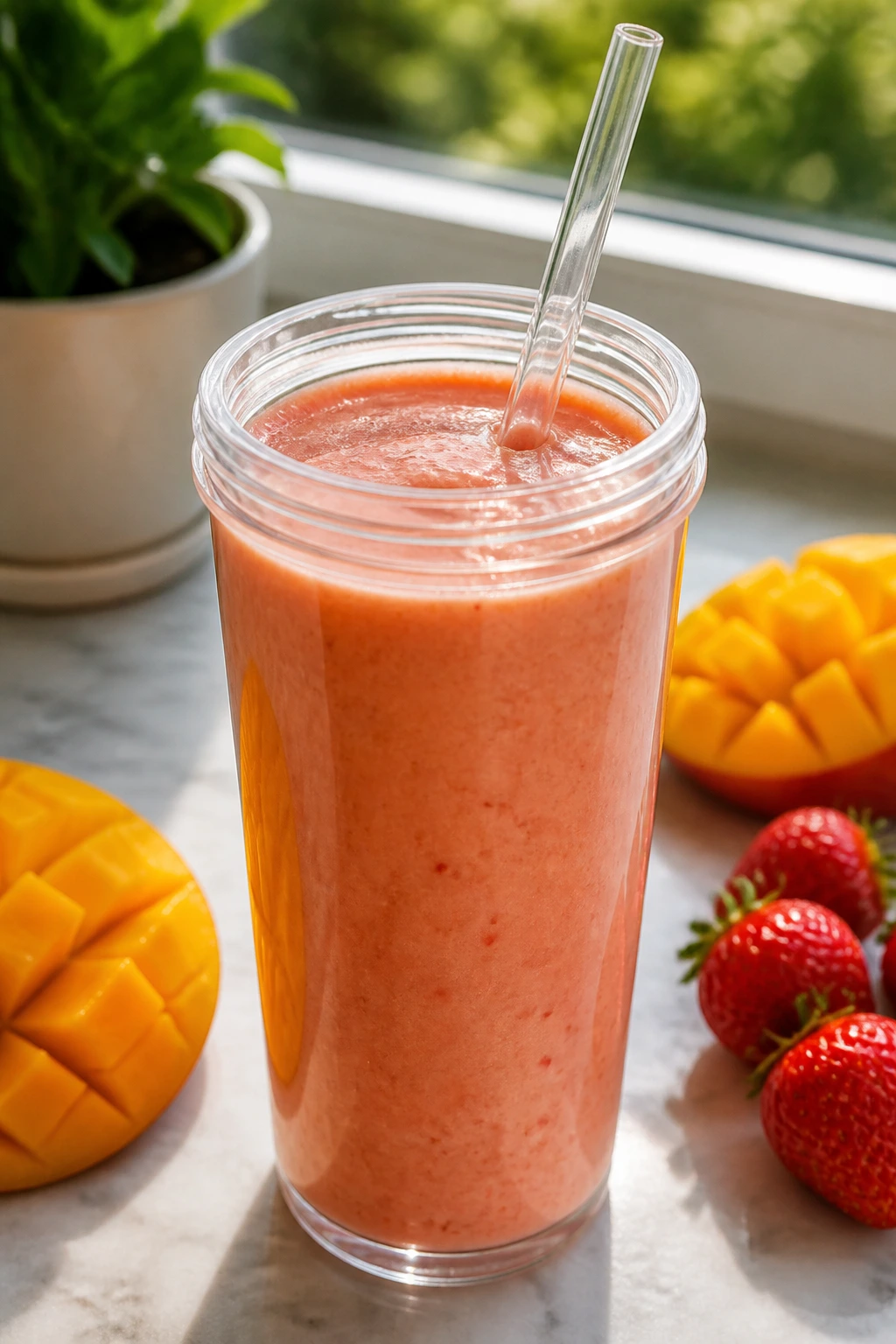 Bright Strawberry Mango Kefir Smoothie in tall glass on sunny kitchen counter