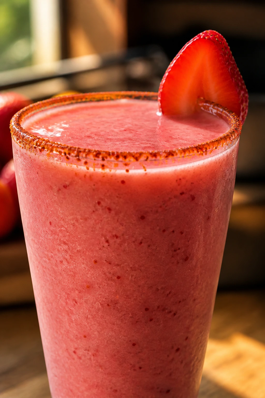 Close-up of pink strawberry mango chili smoothie in a glass with TajÃn rim and strawberry garnish