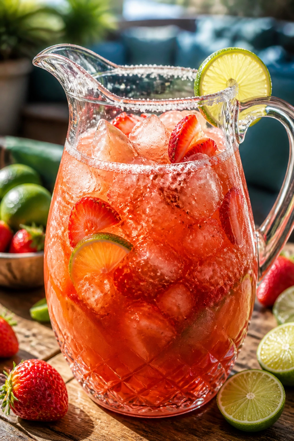 Strawberry margarita pitcher with strawberries and lime on sunny patio
