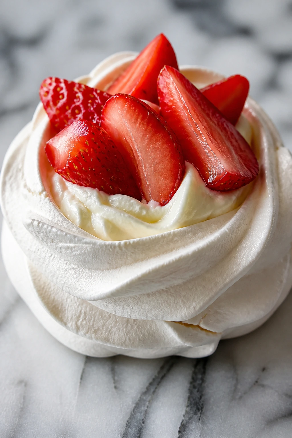 Meringue nest filled with whipped cream and strawberries