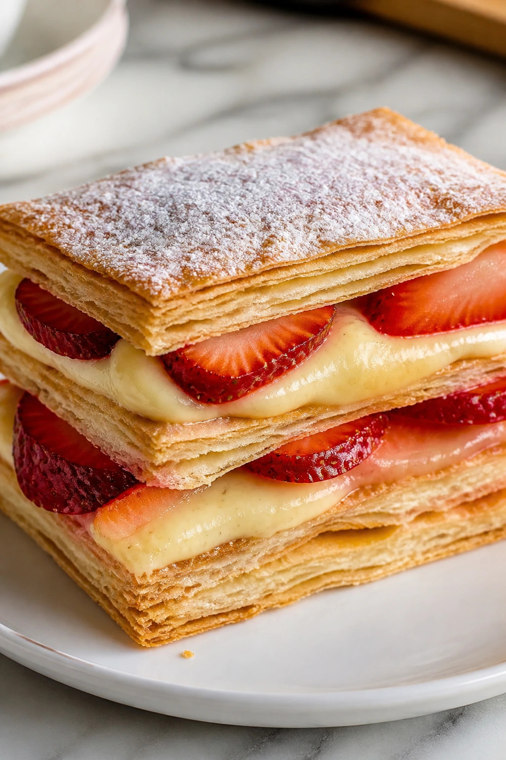 Layered strawberry mille-feuille with crisp pastry and cream