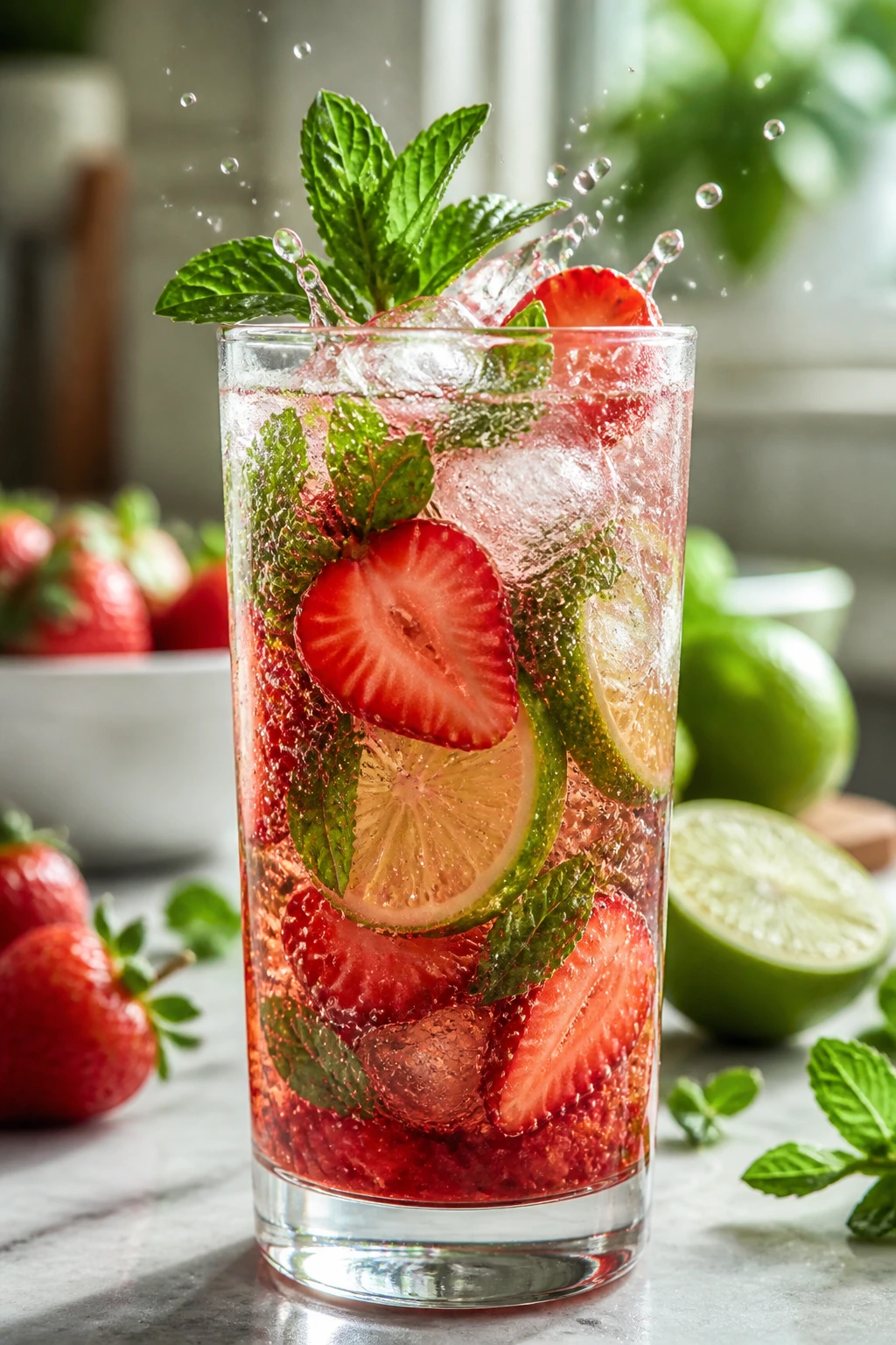 Bright strawberry mojito in glass with mint and lime garnish