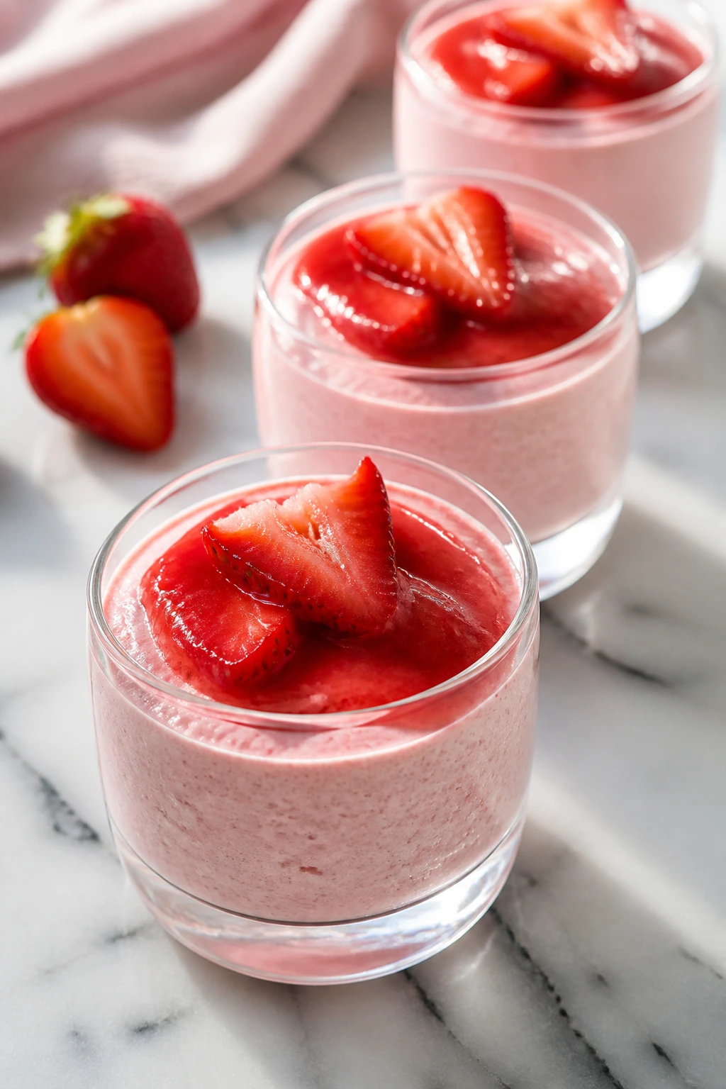 Three strawberry mousse cups on marble surface with pink mousse