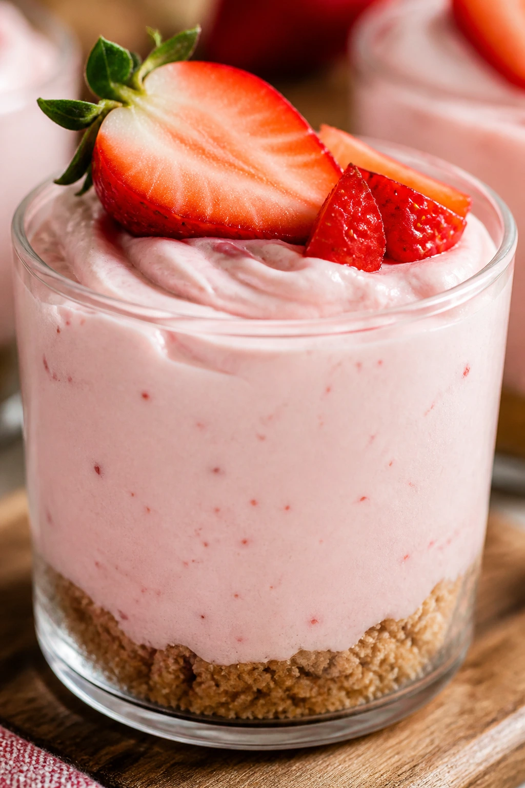 Close-up of blush-pink strawberry mousse cup with cookie crumb base on a wooden board