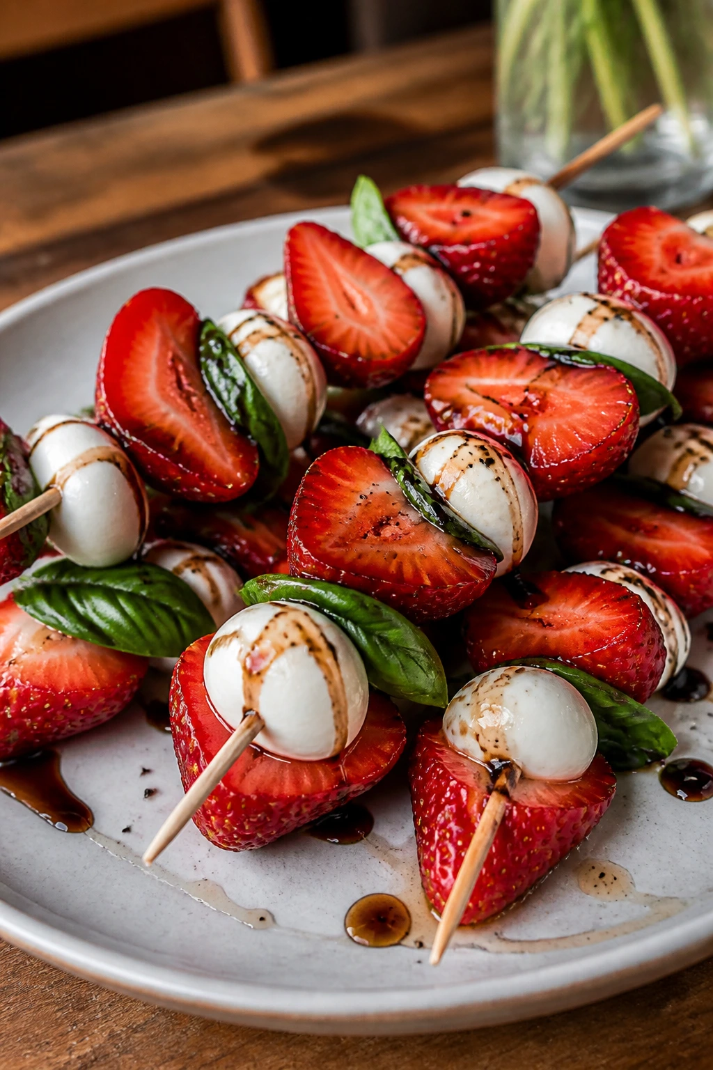 Strawberry caprese skewers with mozzarella basil and balsamic glaze on plate.