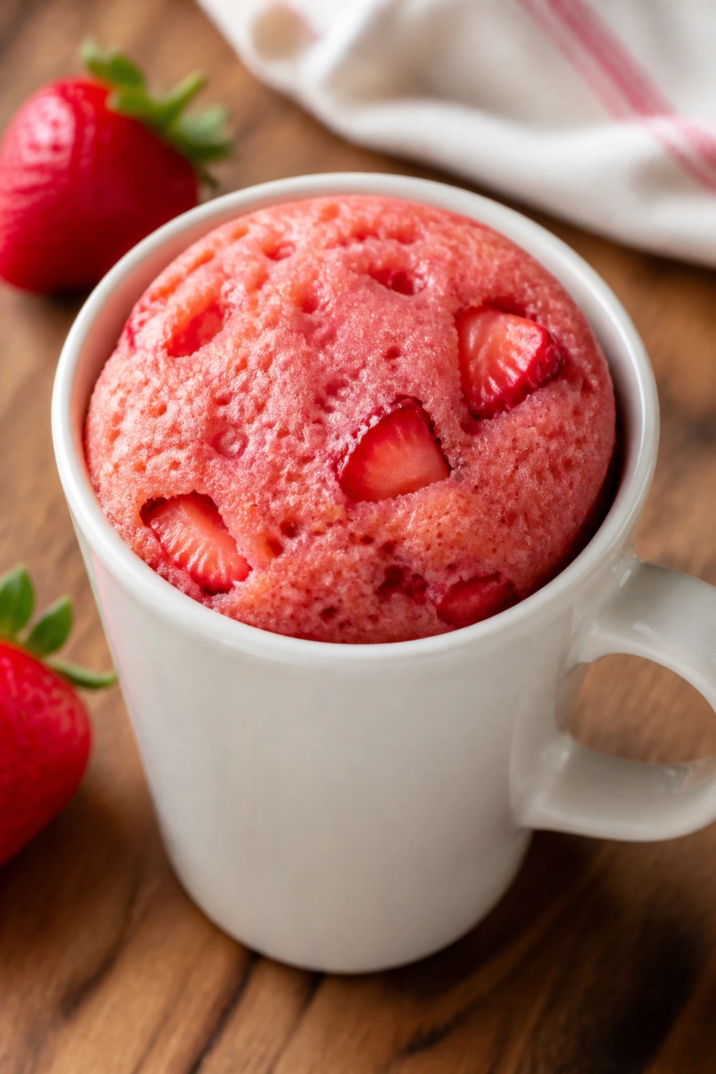 Close-up of strawberry mug cake in a white mug on a wooden table