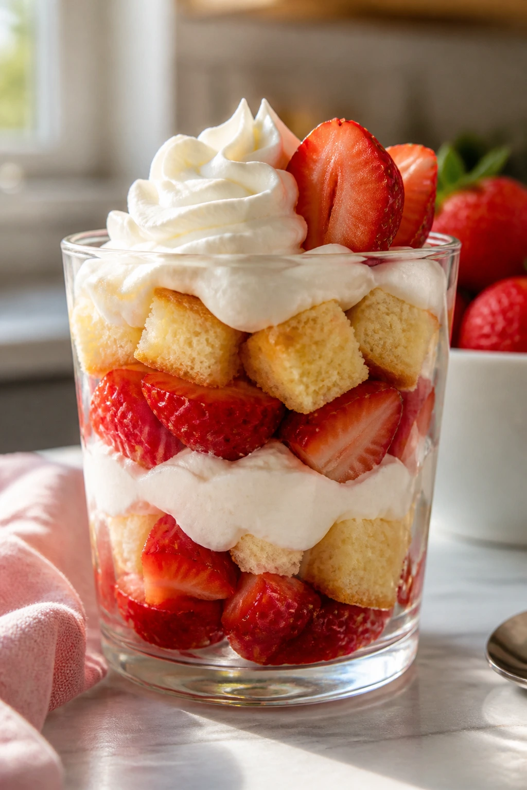 Parfait glass with strawberry layers, cake, and cream layers on kitchen counter