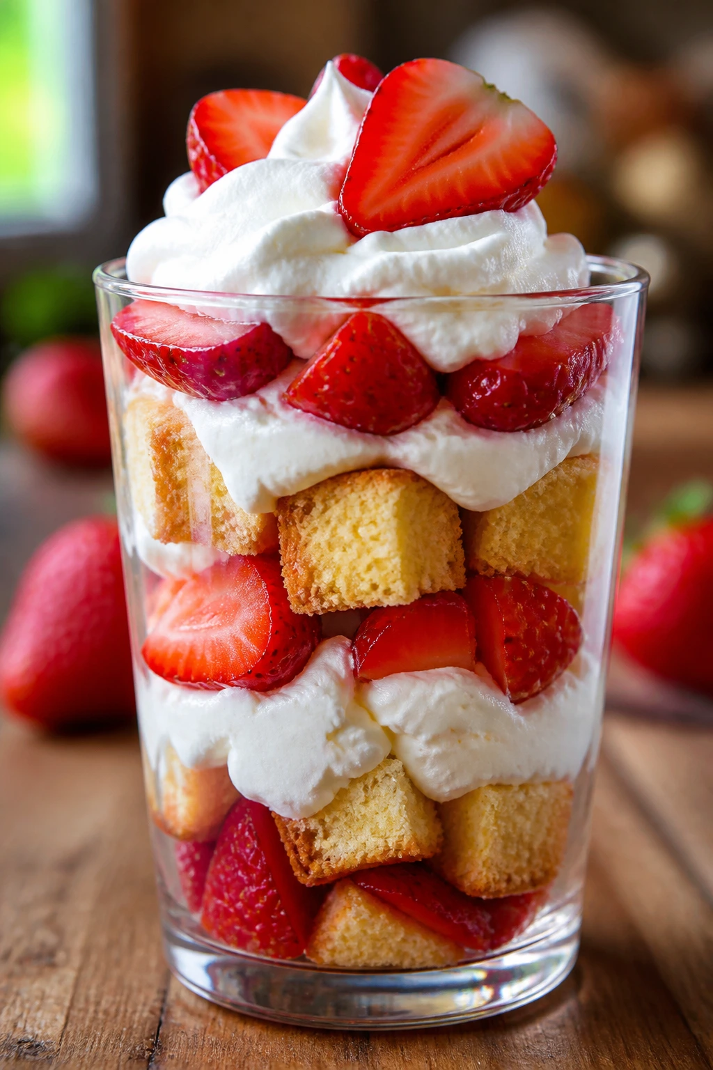 Close-up of a strawberry shortcake parfait in a glass showing layers of berries, cake, and cream