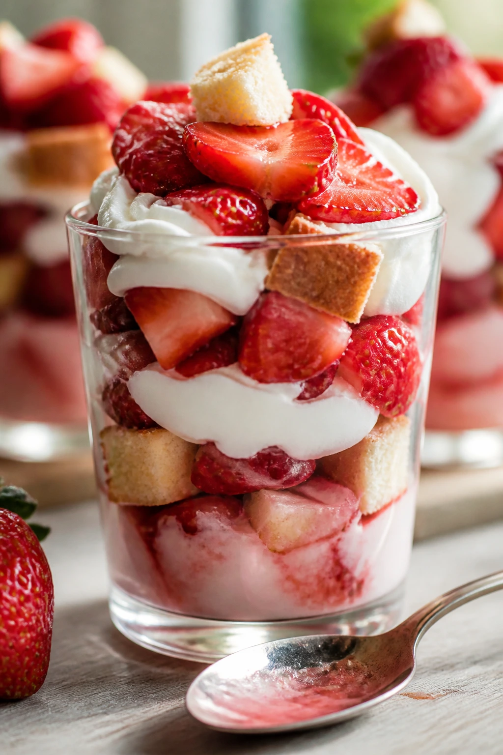 Parfait glass with layered strawberries, cream, and cake on a bright porch