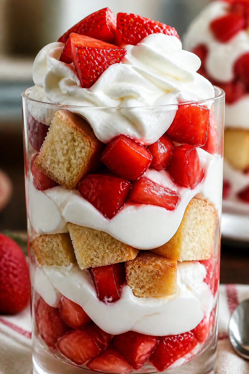 Layered strawberry parfait in a tall glass with berries, cake, and whipped cream
