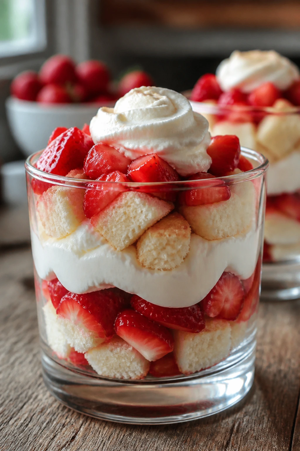 Close-up of strawberry shortcake parfaits in clear glass with berries and cream