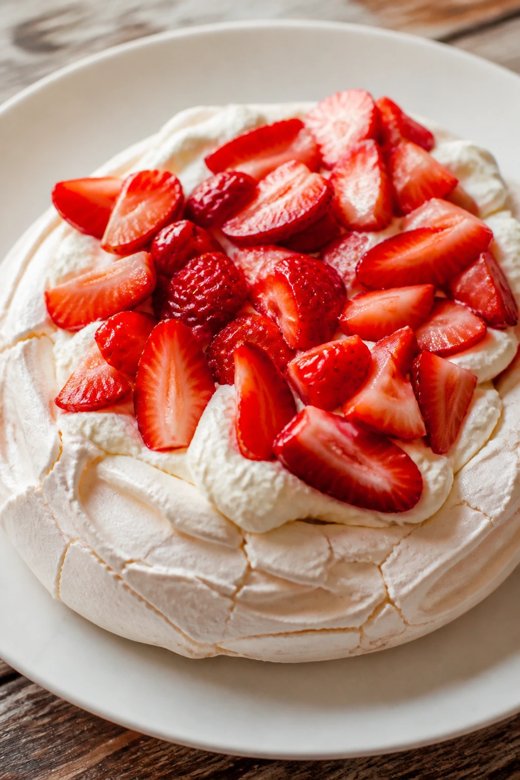 Close-up of a pavlova topped with whipped cream and strawberries