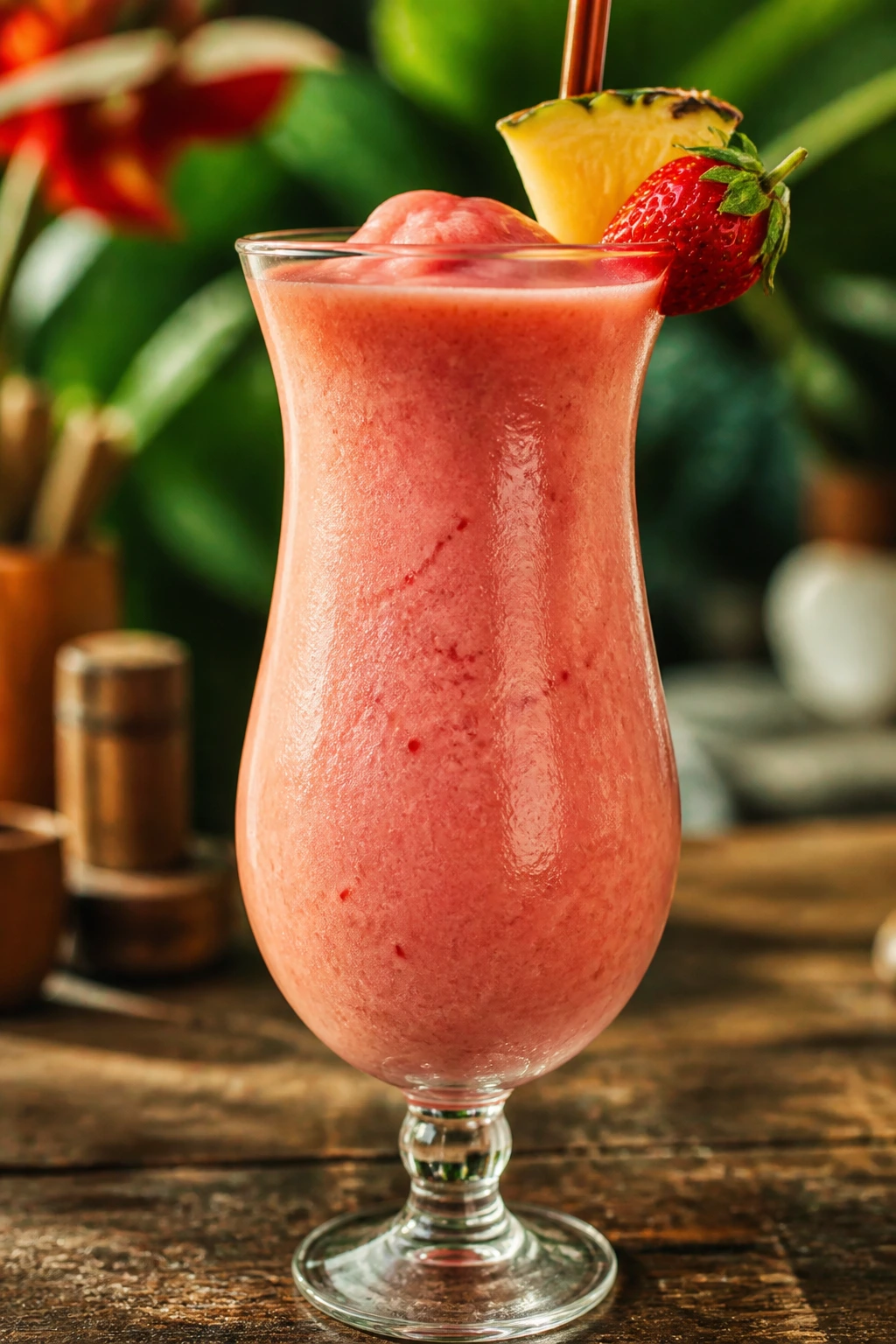 Frozen Strawberry Piña Colada in a hurricane glass with fruit garnish
