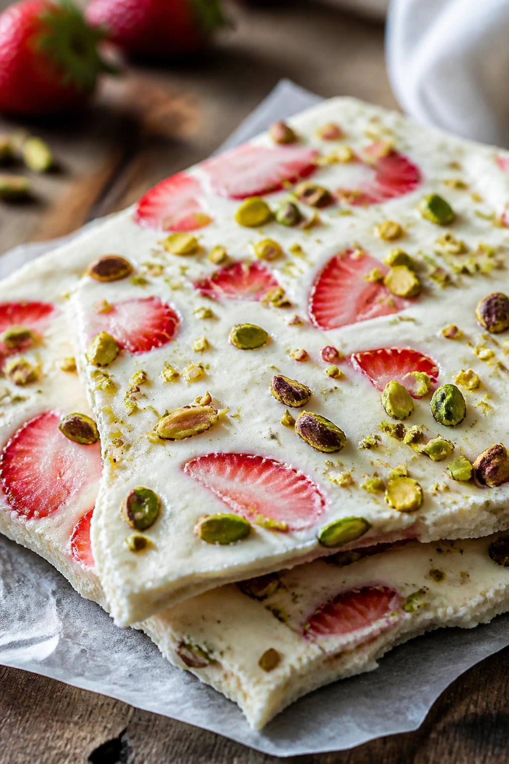Close-up of strawberry pistachio yogurt bark on parchment in a rustic kitchen