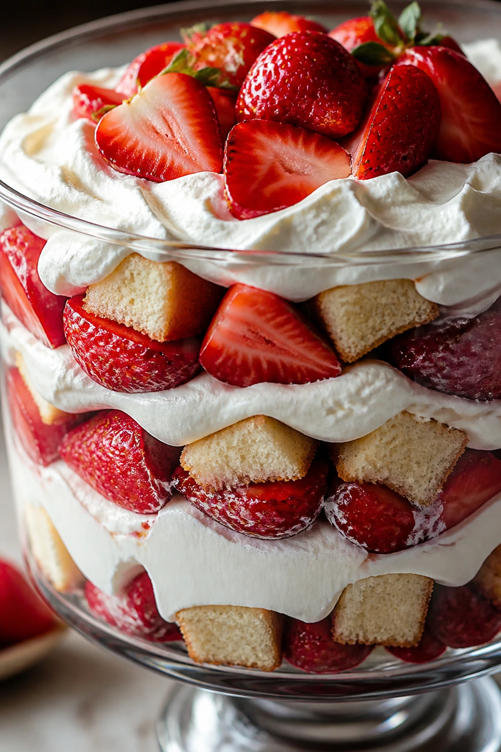 Layered strawberry pound cake trifle in a glass bowl