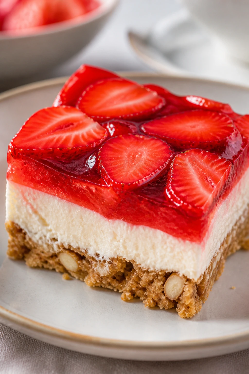 Close-up of strawberry pretzel dessert bar with crust and glossy topping