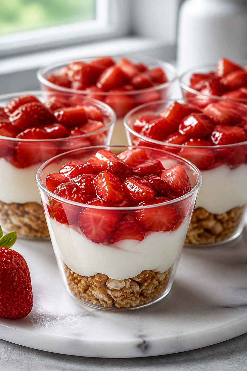Close-up of strawberry pretzel dessert cups with layered filling