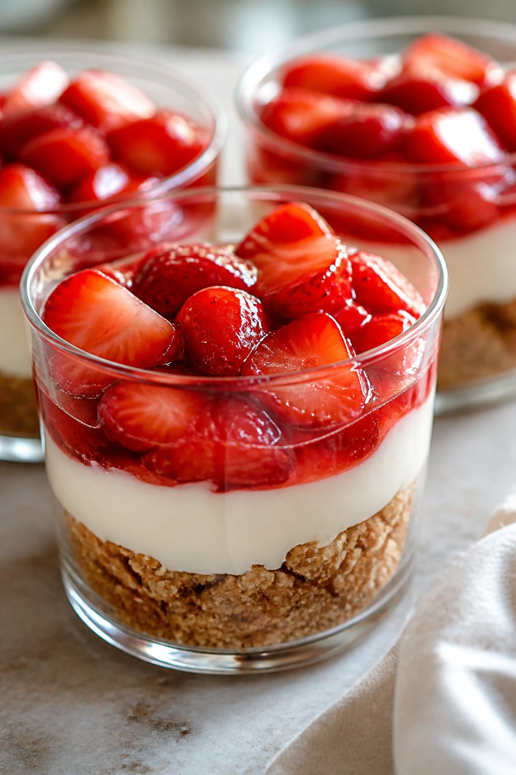 Close-up of strawberry pretzel dessert cups with cream cheese layer and strawberry topping on a kitchen counter
