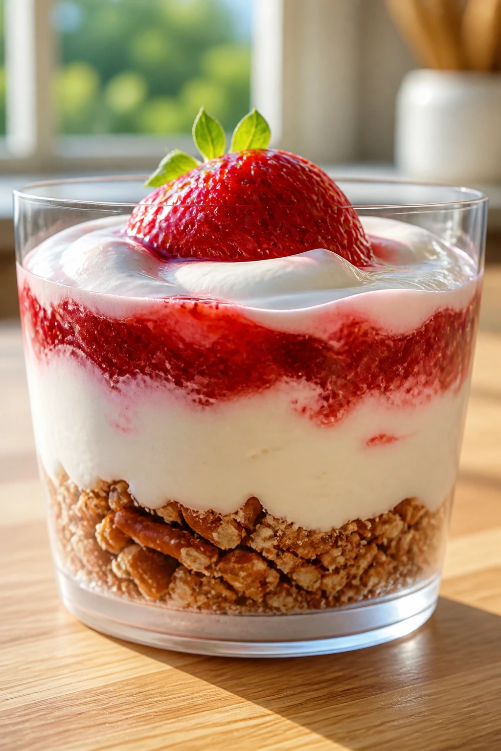 Close-up of a layered strawberry pretzel dessert cup