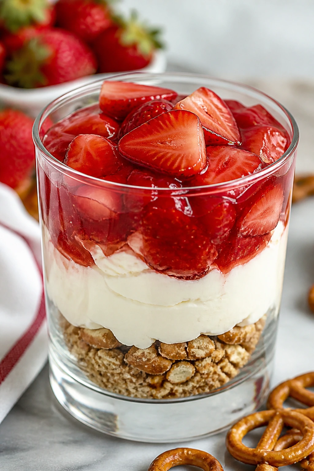 Parfait glass with strawberry, cream cheese, and pretzel layers