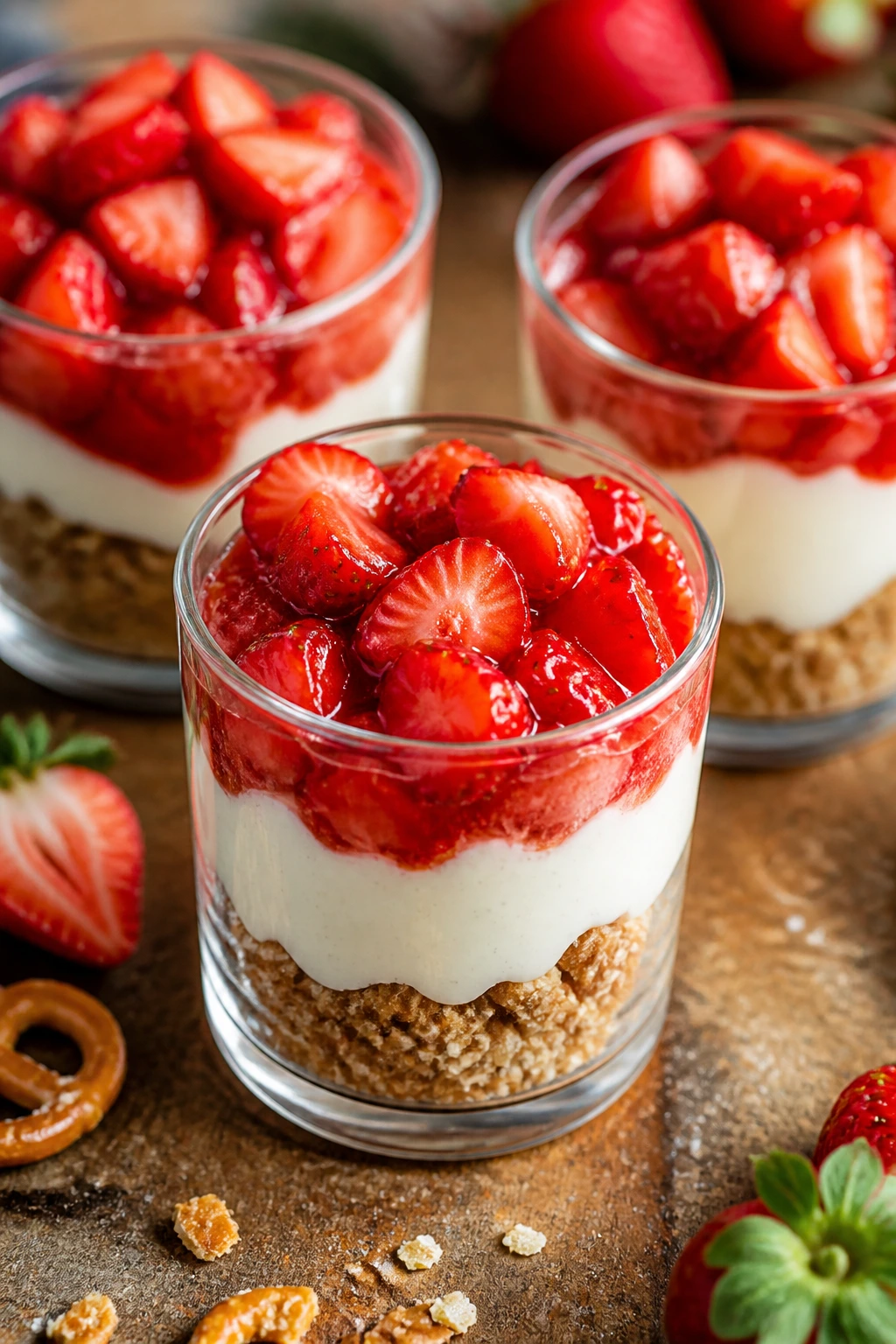 Strawberry pretzel parfaits in glasses showing layered textures