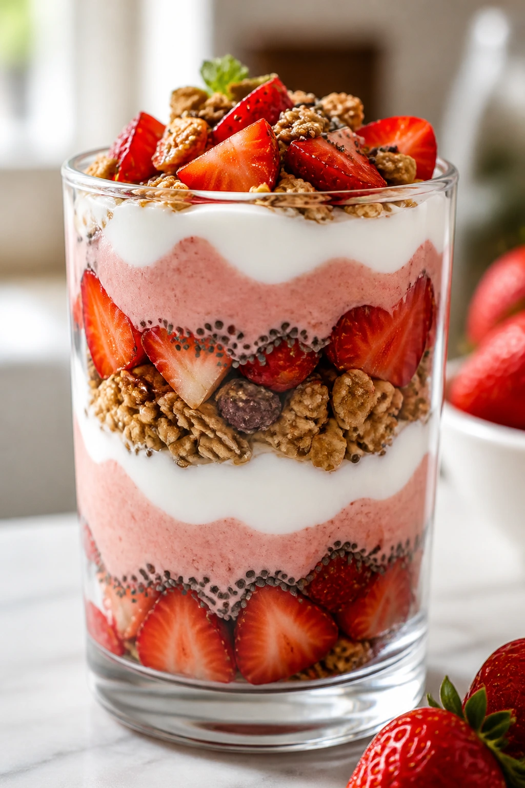 Layered strawberry yogurt parfait in a tall glass