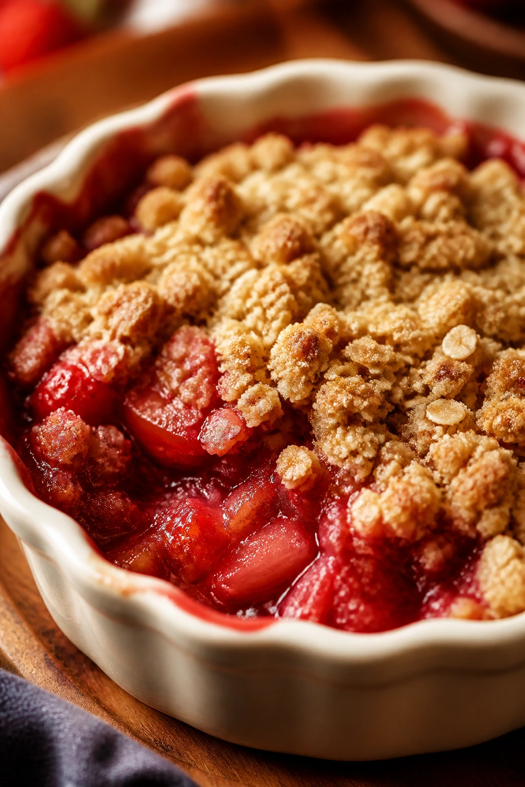 Close-up of strawberry rhubarb crumble in a dish