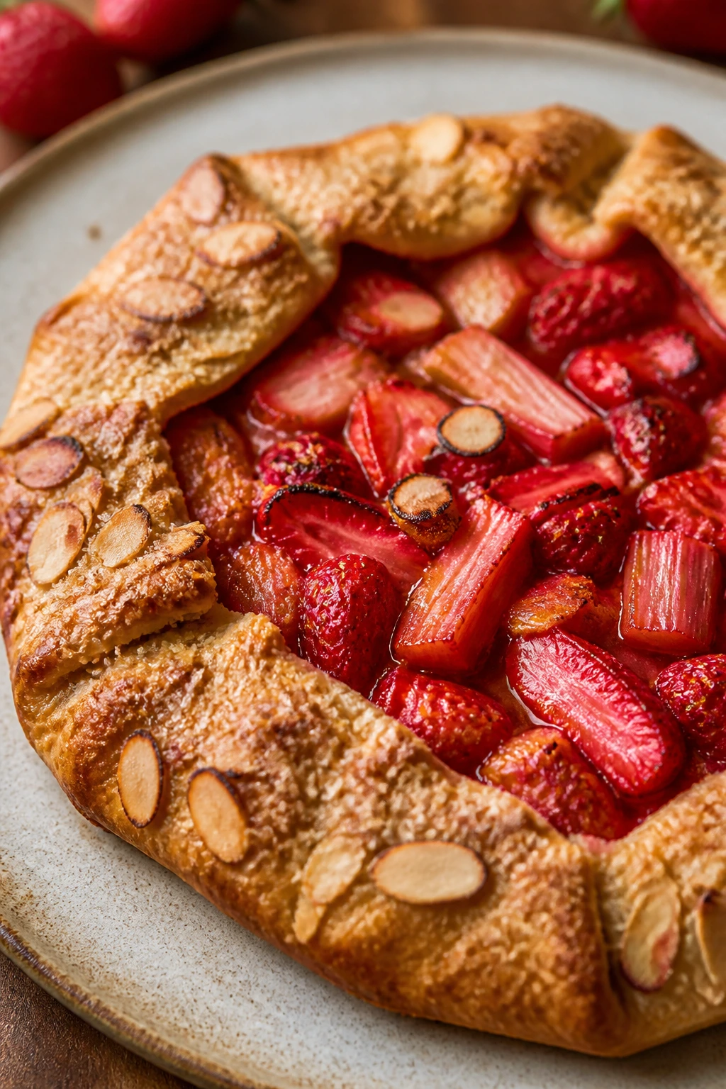 Close-up of strawberry-rhubarb galette with almond sugar on rustic plate