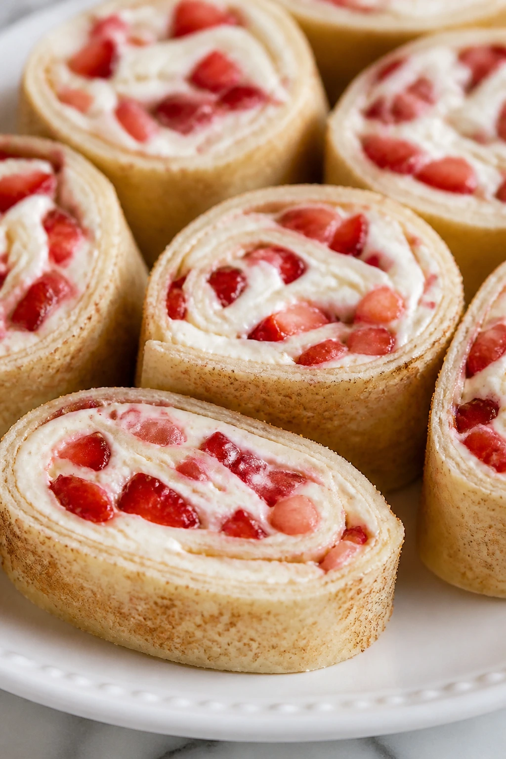 Sliced strawberry cream cheese roll-ups on a plate