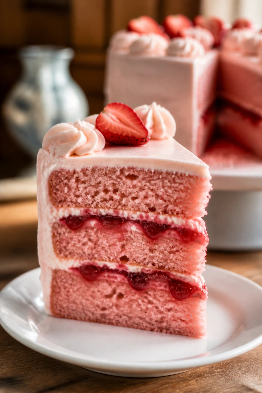 Slice of strawberry rosé cake on a plate