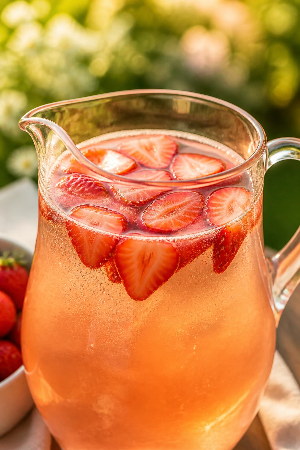 Close-up of strawberry rosé punch in a glass pitcher outdoors